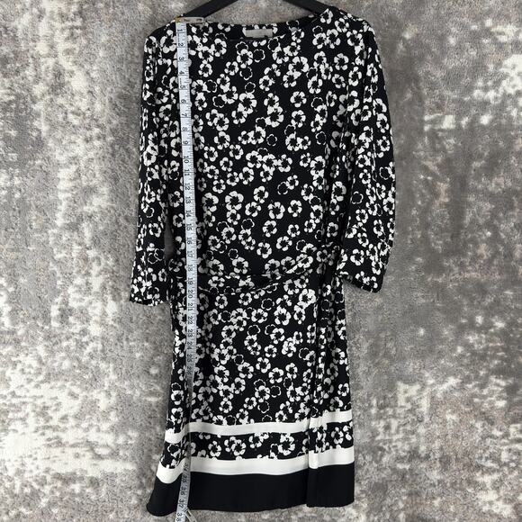 H&M Size 8 Floral Print 3/4 Sleeve Tie Knee Length Shift Dress Black White - Picture 2 of 10